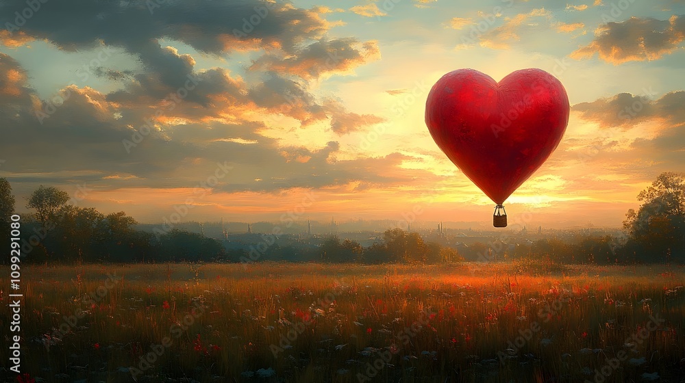 Fototapeta premium A red heart balloon is floating in the sky above a field of flowers