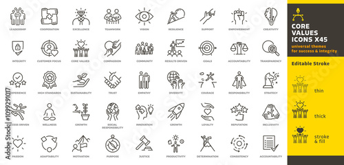 Core Values thin line icon set. Business success and integrity principles vector illustration collection. Editable stroke.