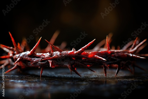 Thorny crown symbolizes sacrifice and suffering in a dark setting photo