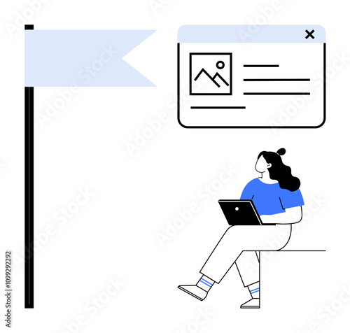 Woman sitting with laptop reviews content displayed in popup window beside a flag. Ideal for web development, blogging, content creation, digital marketing, user interface design, productivity tools