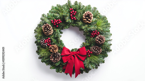 A beautifully crafted round Christmas wreath designed for door decoration, featuring lush green foliage adorned with bright red berries, rustic pinecones, and a large elegant red bow at the bottom. 