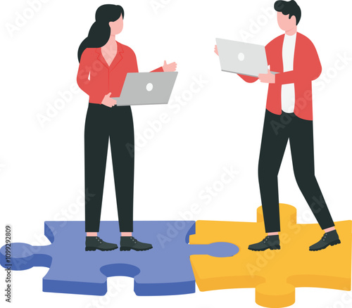 Team coordination, job handover, teamwork with smooth operation to complete task or project concept, Business people working on each of jigsaw puzzles connected to form roads.

