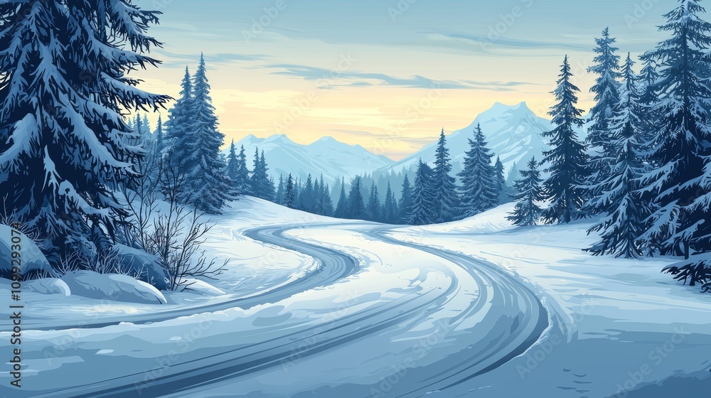 Fototapeta premium Winding Road Through Snowy Landscape at Dawn