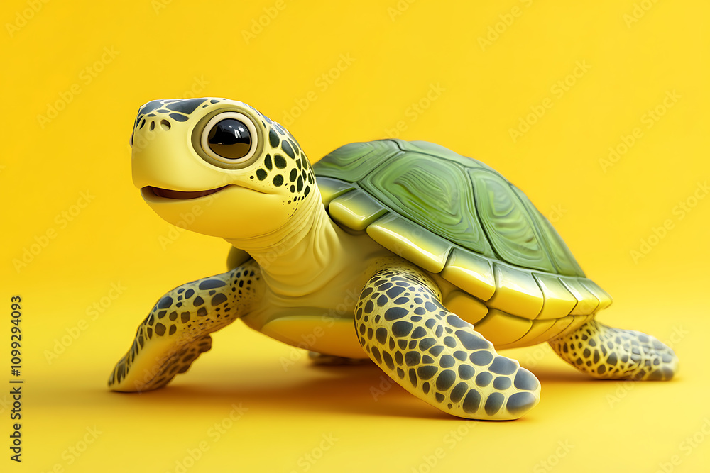 Fototapeta premium A cute, stylized turtle figure on a bright yellow background.