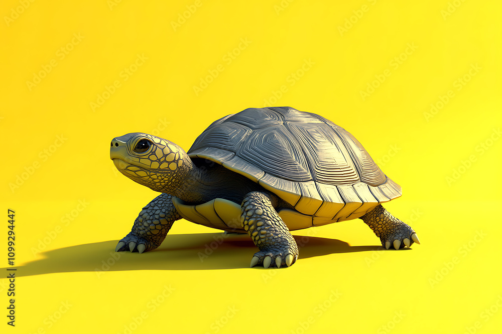 Obraz premium A realistic 3D rendering of a turtle on a bright yellow background.