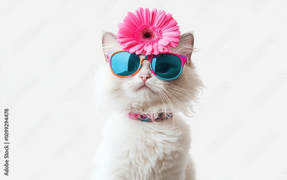Fototapeta premium A white ragdoll cat wearing colorful sunglasses and a pink flower on its head, isolated on a white background