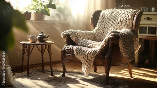 A cozy nook featuring a vintage armchair with a knitted throw