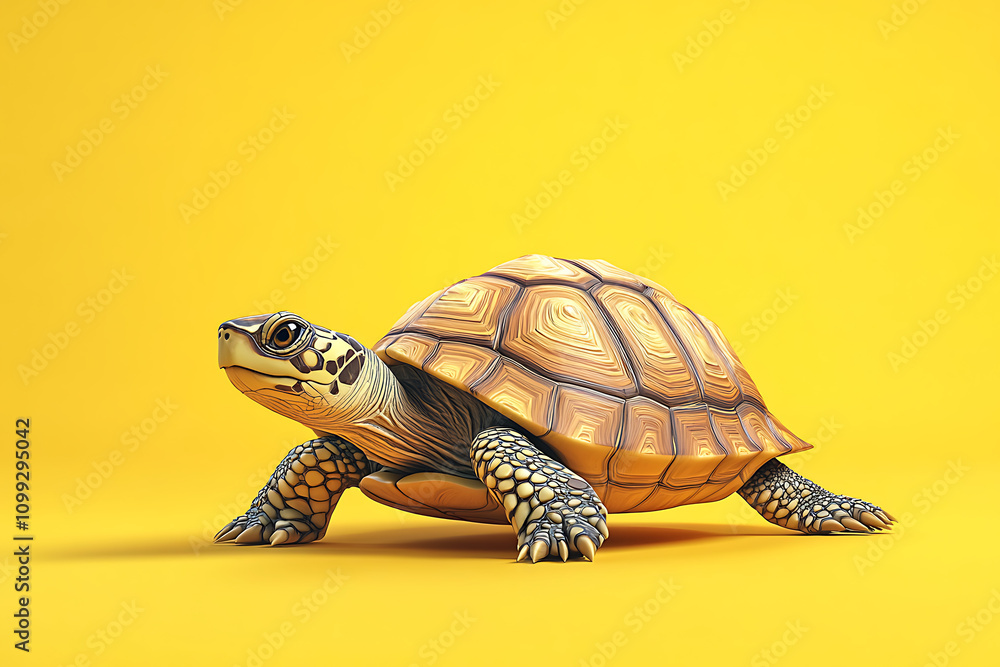 Obraz premium A realistic turtle on a vibrant yellow background, showcasing its detailed shell and features.