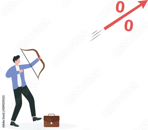 Increasing inflation rates to combat high inflation, financial measures of Federal Reserve or central bank concept, Businessman shooting percentage arrow to falling graph to bounce up.

