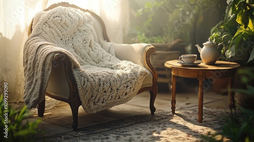 A cozy nook featuring a vintage armchair with a knitted throw