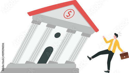 Potential bank failure, financial crisis, decrease in investor confidence, economic downturn, bankruptcy concept, Collapse of bank building causing dominoes fall on businessman.
