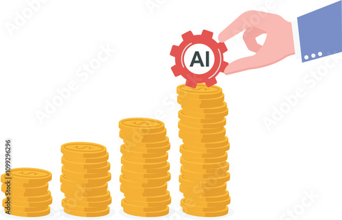 Business help with AI, machine learning to improve customer service, boost productivity or help decision making, Giant hand putting cogwheel of AI under latest bar of graph to grow business rapidly.

