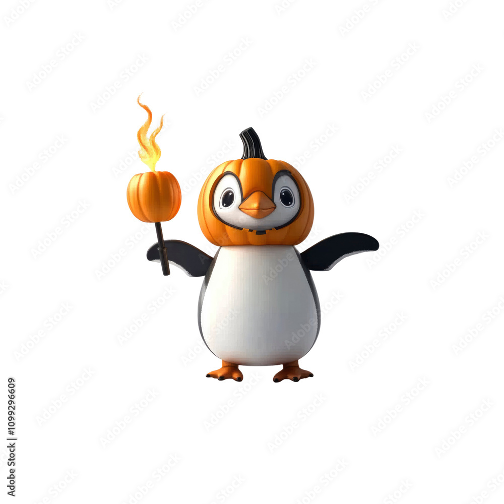 Obraz premium Adorable Penguin in Pumpkin Costume Holding a Flaming Jack-o'-lantern