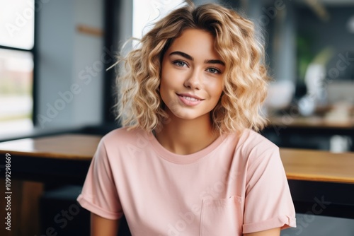 A woman with blonde hair and a pink shirt is sitting at a table Free Download A woman with blonde hair and a pink shirt is sitting at a table - GFXLoad