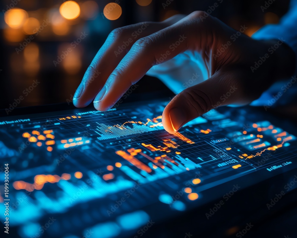 Naklejka premium Hand controlling digital financial data and complex algorithmic lines, futuristic interface with glowing blue and white tones