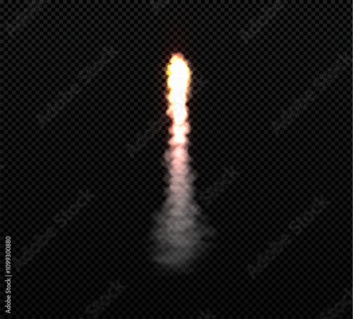 Rocket fire smoke or jet aircraft trail, vector realistic space rocket launch trail, orange fire burst, missile trace