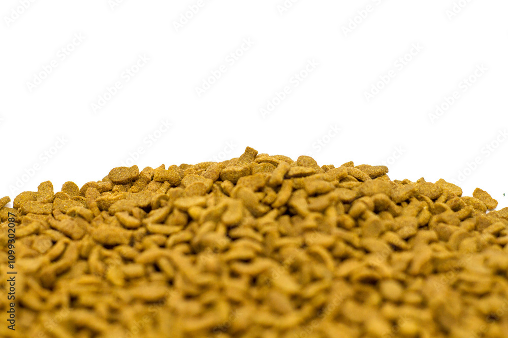 Obraz premium fish-shaped cat food on a white background, perfect for catalog displays, commercial advertisements, or pet product promotions.