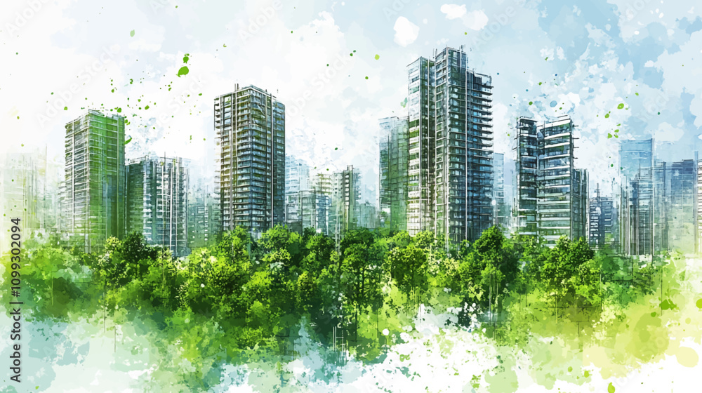 Obraz premium City dedicated to sustainable engineering and environmental responsibility. Urban development, implementing innovative green engineering watercolor grid line sketch architecture vector illustration.
