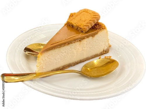 Caramel cheesecake on white plate isolated on white background.