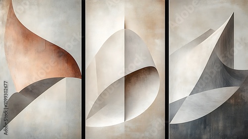 Abstract geometric triptych with minimalist design, neutral palette of beige, gray, and white, clean and sharp lines, smooth transitions, sleek modern style, photorealistic textures,