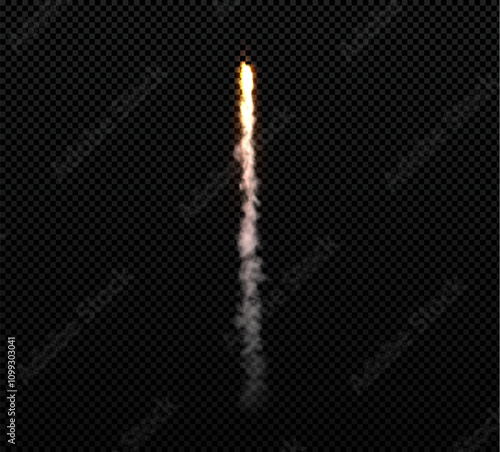 Rocket fire smoke or jet aircraft vector stream vertical trail, realistic space rocket launch trace, orange fire burst