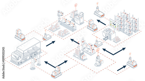 Smart logistics combines warehouse management and IoT transportation to optimize supply chain operations concept. Vector illustration eps10