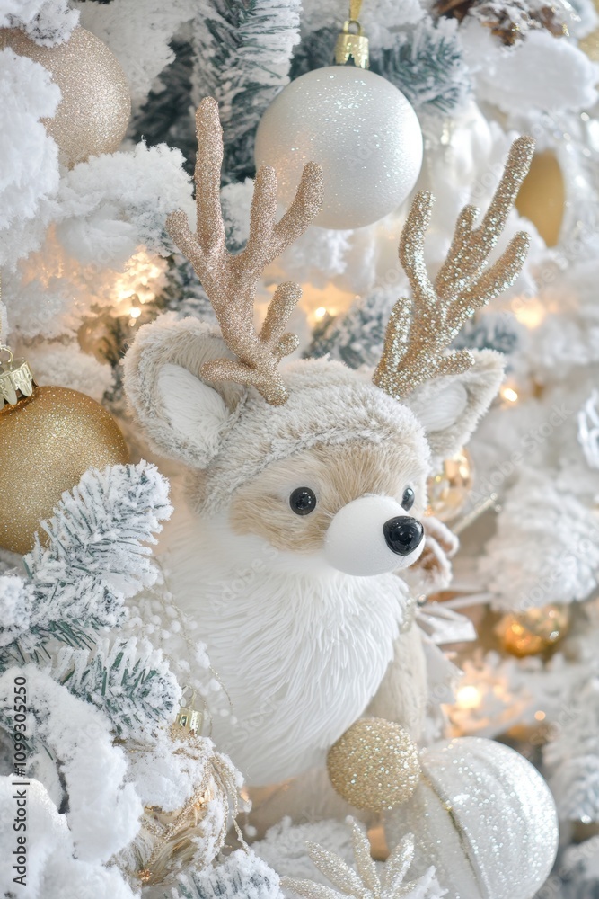 Obraz premium A cheerful stuffed animal perches atop a festive Christmas tree, surrounded by twinkling lights and vibrant ornaments, embodying the spirit of joy and celebration.
