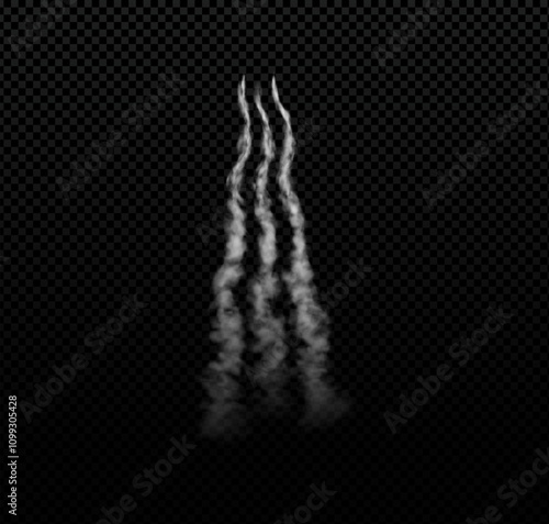 Rocket or jet aircraft vector smoke trail three curves stripes, realistic white fume flow, space launch trace, fog steam