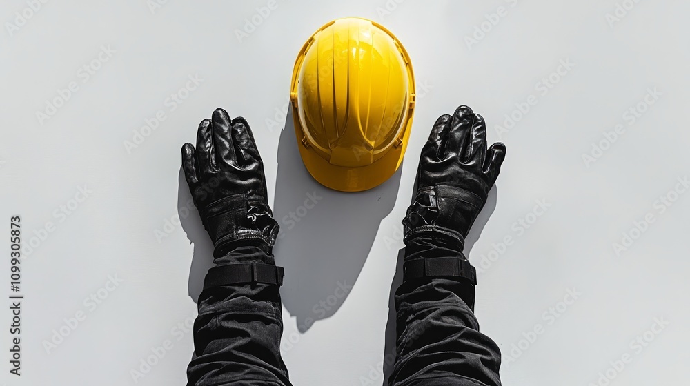 Fototapeta premium Overhead view of safety gear yellow hard hat and black gloves on a white background.