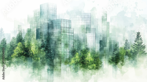 Exemplifying the ESG Environmental, Social, Governance concept, a corporate glass building reflects green trees. Sustainability into business practice watercolor and grid line vector illustration.