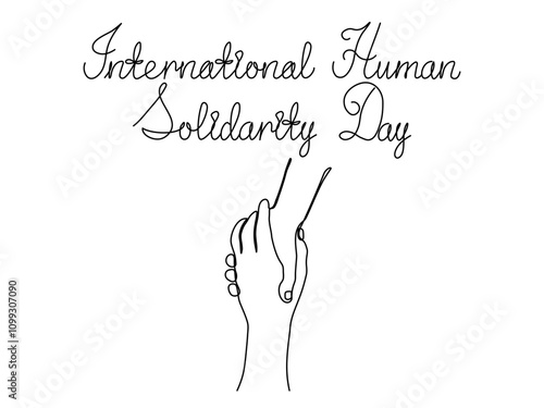 International Human Solidarity Day. Holiday. Two hands shake each other, continuous single line art drawing sketch, logo