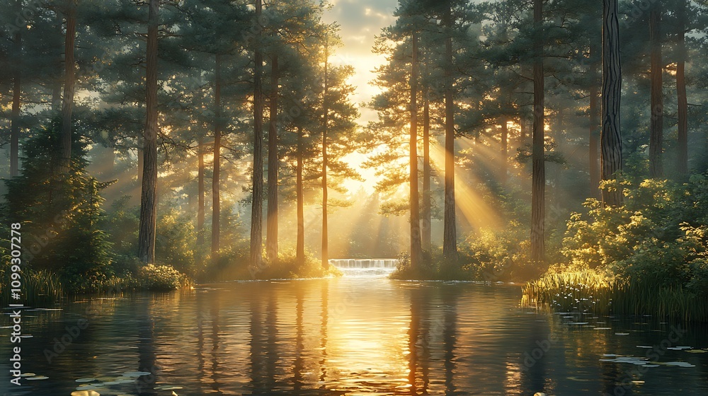 Obraz premium Nature-inspired triptych, tall pine trees casting dappled light, a river gently flowing through the forest, sunlight streaming through leaves, photorealistic style, seamless visual flow,