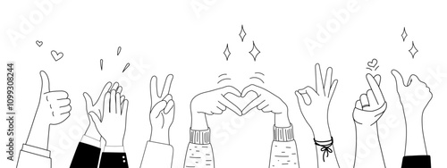 Doodle sketch hands up gestures comic icons silhouettes vector set. Group of line art fun comic hands in the air. Voting or happy congratulation audience recognition symbols.