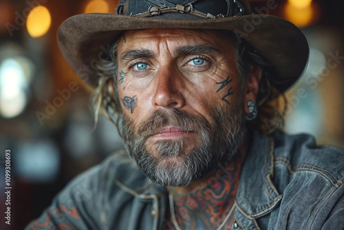 Intense close-up portrait of rugged middle-aged man with facial tattoos and striking blue eyes wearing brown cowboy hat and denim jacket, artistic bokeh background photo