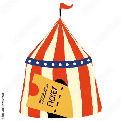 Circus tent with a big ticket sticking out of the entrance halfway, vector hand drawn simple illustration.