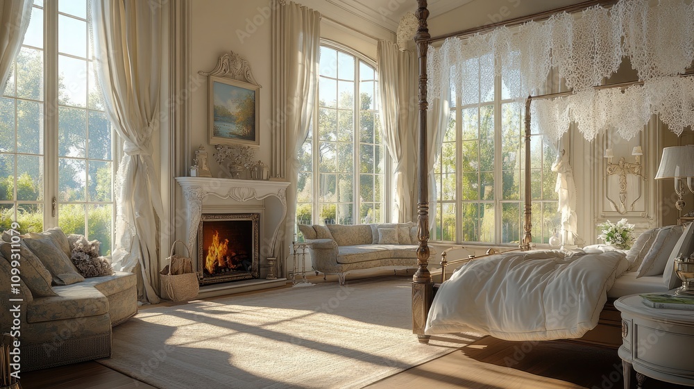 Fototapeta premium A picturesque French country bedroom with large windows