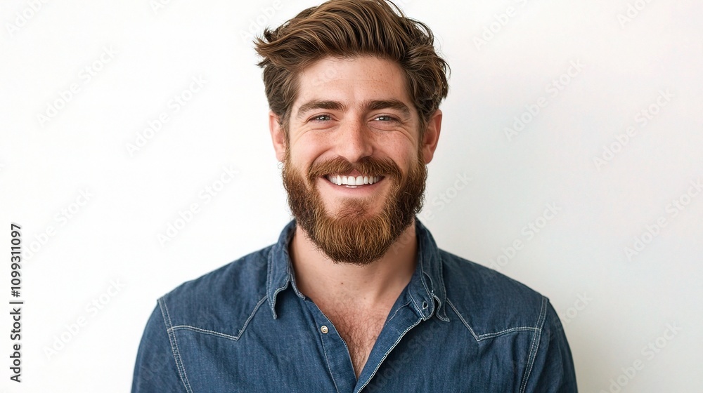 Fototapeta premium Young Male Model with Beard in Casual Blue Shirt Smiling Happily