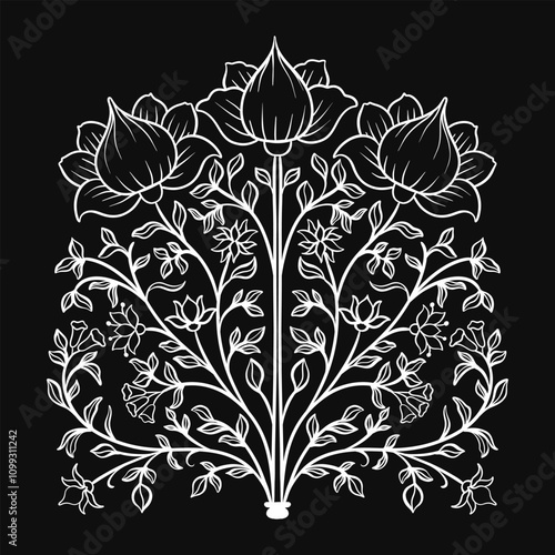 Mughal decorative ornamental floral. Vintage intricate traditional mughal style with flowers and foliage.