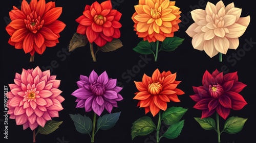 Vibrant Dahlia Flowers: A Botanical Illustration