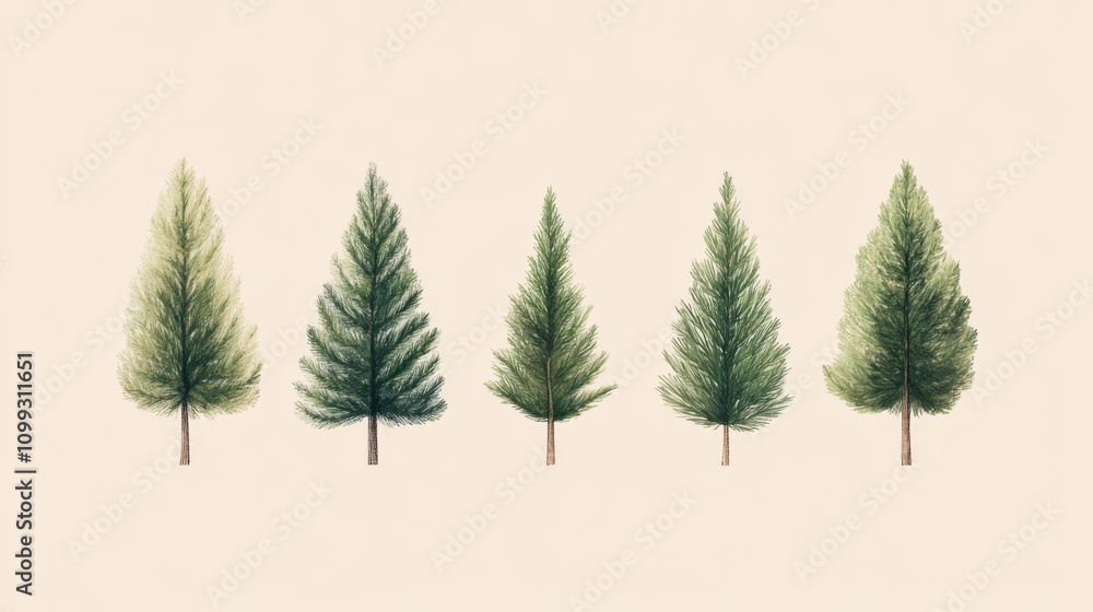Naklejka premium Five Evergreen Trees - Botanical Illustration