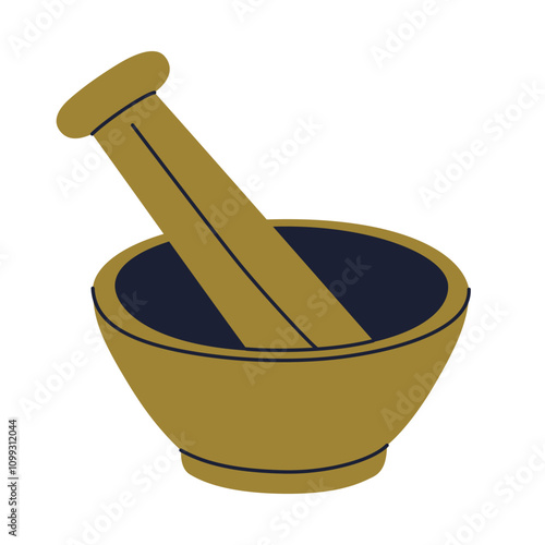 Vector illustration of copper mortar and pestle for grinding spices. Flat cartoon style, ideal for culinary, cooking, and traditional kitchen themed designs, isolated colored clipart