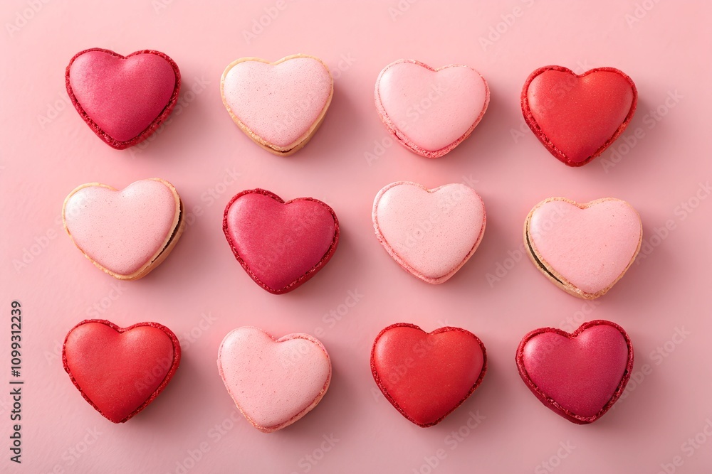 Fototapeta premium Rows of pink, red, and white heart-shaped macarons on a pink background, perfect for Valentine's Day, weddings, or festive celebrations. Bright and elegant design with copy space included.