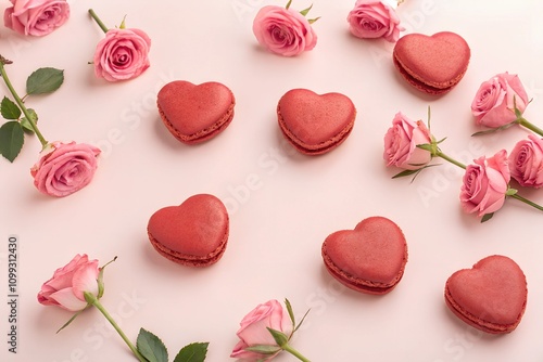 Red heart-shaped macarons beautifully arranged with pink roses on a soft pink background. A romantic setup perfect for Valentine's Day, weddings, or spring celebrations.