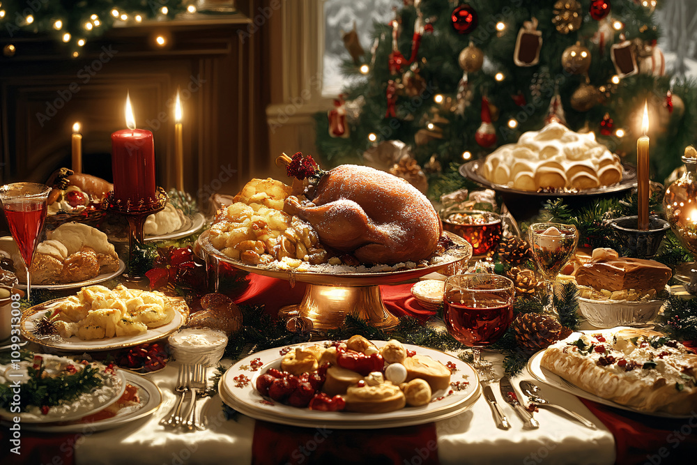 Fototapeta premium Heartwarming Illustration of a Christmas Dinner Table Filled with Holiday Feast and Family Joy