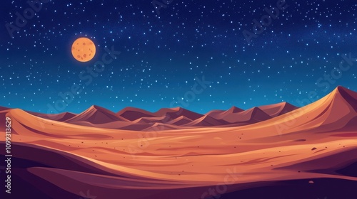 Night sky with the milky way arching over a vast, empty desert, stars shining bright, and soft sand dunes stretching as far as the eye can see.