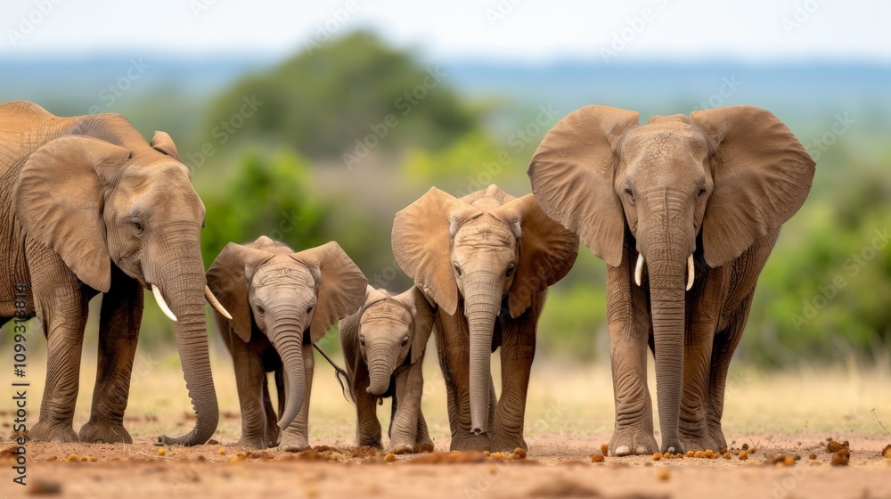 Fototapeta premium A family of elephants walking together in a line across the savanna, symbolizing unity, strength, and family bonds in the wild African landscape.
