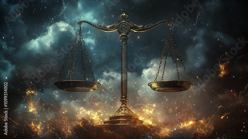 A symbolic visual of two scales, one side tipped heavily, surrounded by stormy clouds and sparks, representing the tension of a fierce debate