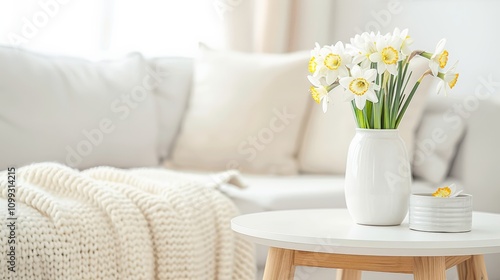 A bright bouquet of yellow daffodils in a white and yellow vase, adding a touch of spring freshness to a cozy living room with a soft, minimalistic decor.