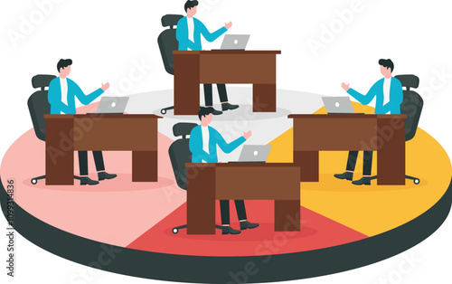Merger and acquisition to more marketing power, business collaboration to get fast productivity concept. Businessman welcoming businessperson teammates on joined color part of pie chart.

