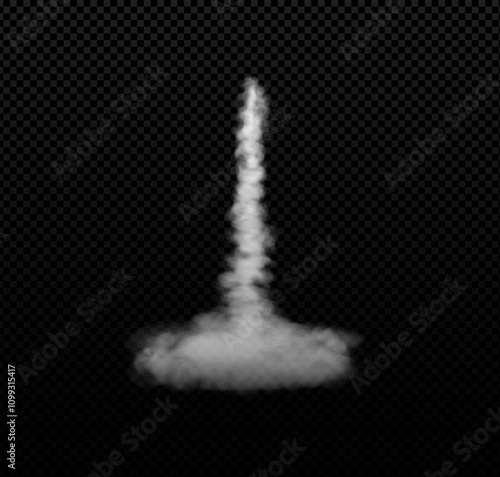 Rocket or jet aircraft vector smoke trail with clouds, realistic white fume space launch trace, fog steam, gas exhaust
